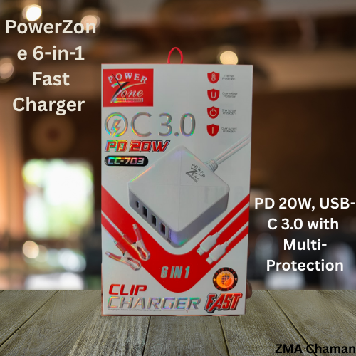 PowerZone 6-in-1 Fast Charger – PD 20W, USB-C 3.0 with Multi-Protection
